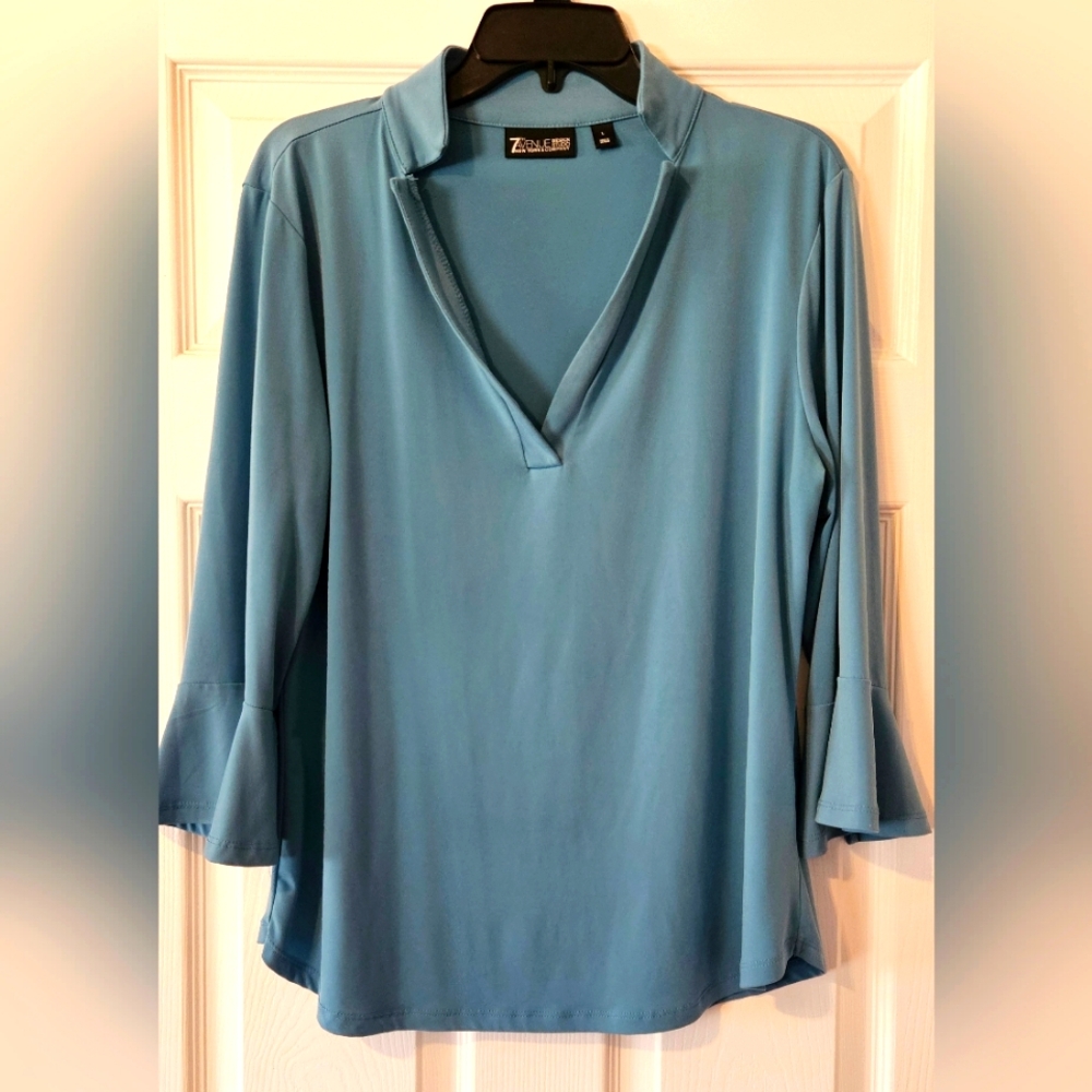 New York & Company V-Neck, Bell Sleeve Stretchy Blouse, Size L